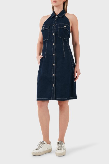 Emporio Armani Pamuklu Regular Fit Düğmeli Kot Kadın Elbise EW000752 AF12436 MB001 LACİVERT - Emporio Armani