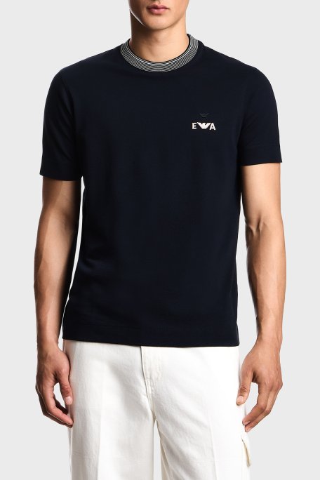 Emporio Armani Pamuklu Regular Fit Logolu Çizgi Detaylı Bisiklet Yaka Erkek T Shirt EM002965 AF12955 UB118 LACİVERT - Emporio Armani