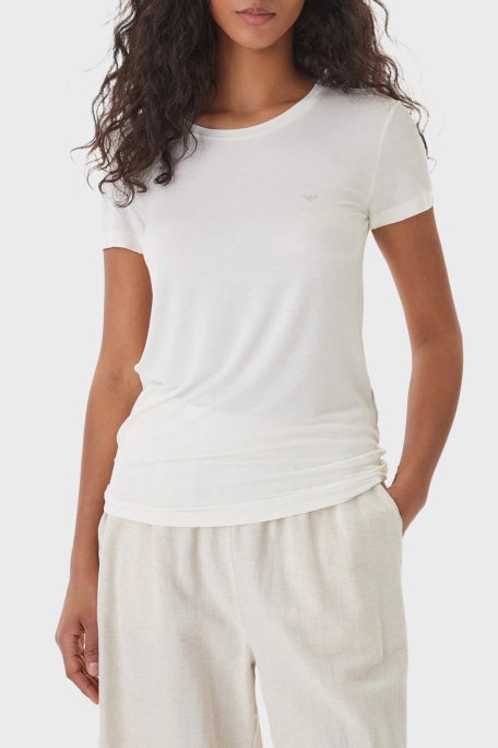 Emporio Armani Pamuklu Regular Fit Logolu Yuvarlak Yaka Kadın T Shirt EW000408 AF19024 U1131 EKRU - Emporio Armani