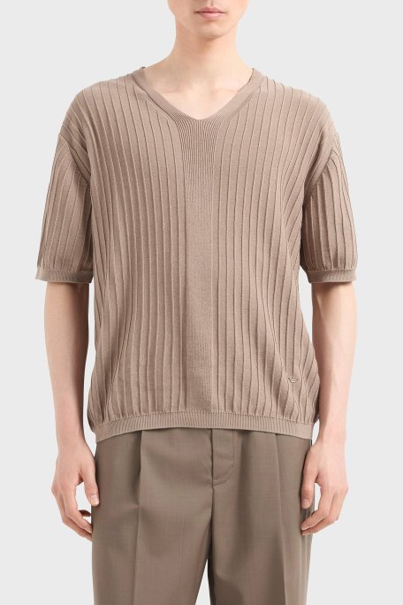 Emporio Armani Pamuklu Regular Fit V Yaka Örgü Desenli Kısa Kollu Erkek Kazak EM000862 AF13822 U6167 BEJ - Emporio Armani