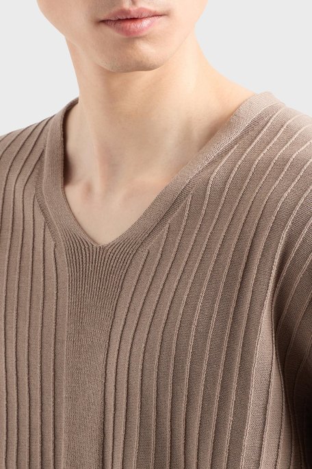 Emporio Armani Pamuklu Regular Fit V Yaka Örgü Desenli Kısa Kollu Erkek Kazak EM000862 AF13822 U6167 BEJ - Emporio Armani (1)