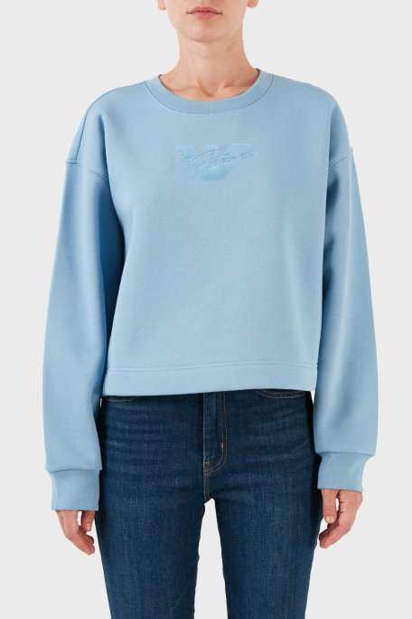 Emporio Armani Pamuklu Relaxed Fit Bisiklet Yaka Crop Bayan Sweat 6R2M7L 2JTDZ 0712 MAVİ - Emporio Armani
