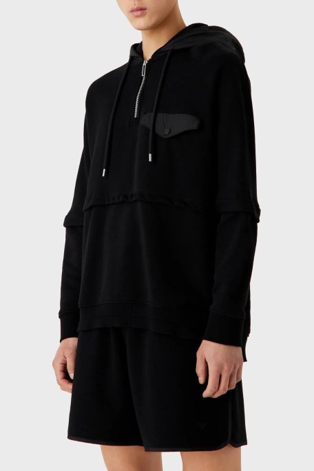 Emporio Armani Pamuklu Relaxed Fit Çıkarılabilir Kollu Kapüşonlu Erkek Sweat 6R1MBV 1JWPZ 0999 SİYAH - Emporio Armani