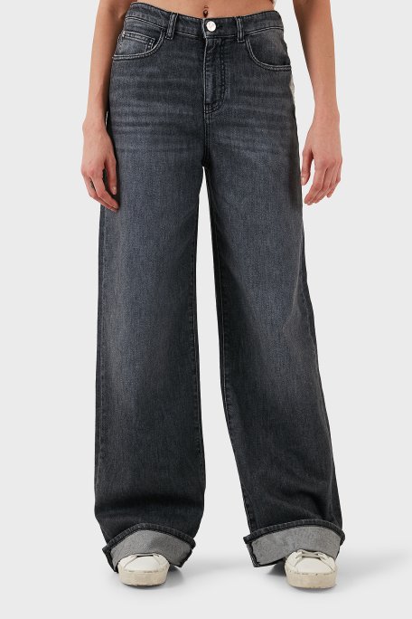 Emporio Armani Pamuklu Relaxed Fit Geniş Paça Vintage Görünümlü Jeans Bayan Kot Pantolon EW000737 AF17033 M8001 GRİ - Emporio Armani