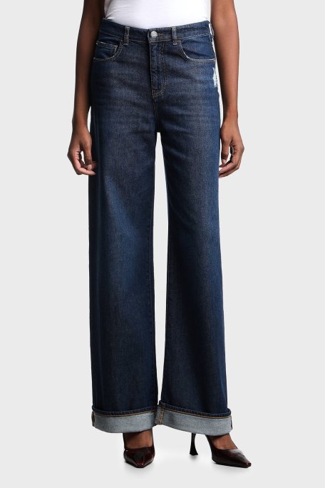 Emporio Armani Pamuklu Relaxed Fit Geniş Paça Vintage Görünümlü Jeans Bayan Kot Pantolon EW000737 AF17033 MB001 LACİVERT - Emporio Armani