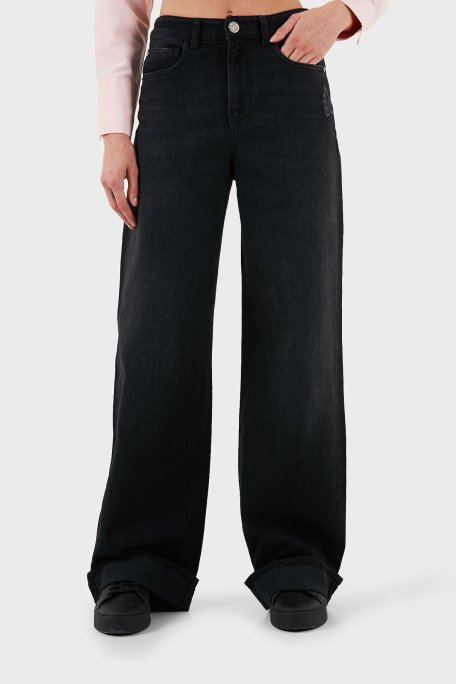 Emporio Armani Pamuklu Relaxed Fit Geniş Paça Vintage Görünümlü Jeans Bayan Kot Pantolon EW000737 AF17033 MC002 SİYAH - Emporio Armani