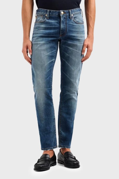 Emporio Armani Pamuklu Slim Fit Normal Bel Düz Paça Jeans Erkek Kot Pantolon EM000121 AF13272 MB002 LACİVERT - Emporio Armani