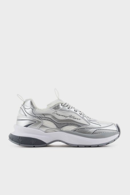 Emporio Armani Parlak Görünümlü Logolu Hakiki Deri Kalın Taban Bayan Ayakkabı X3X238 XR388 00520 GÜMÜŞ - Emporio Armani