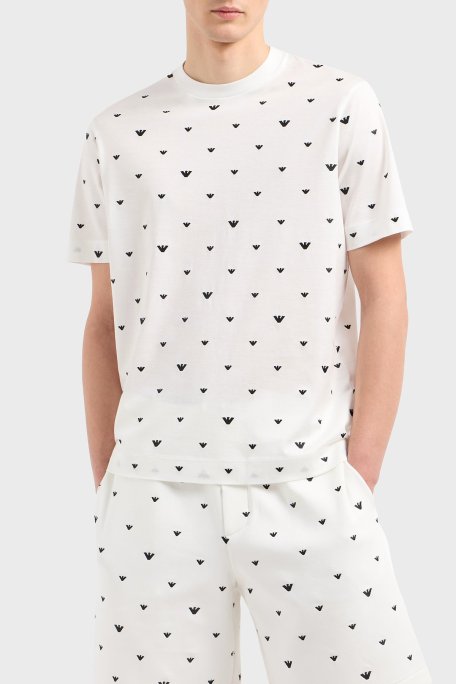 Emporio Armani Regular Fit Bisiklet Yaka Tamamı Logolu Erkek T Shirt EM001400 AF10017 F0085 BEYAZ - Emporio Armani