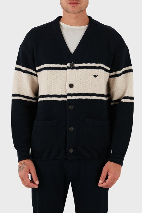 Emporio Armani Regular Fit Çizgili Logolu Yünlü Örme Erkek Hırka EM002310 AF19440 MB343 LACİVERT - Emporio Armani