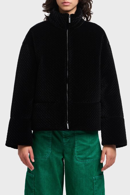 Emporio Armani Regular Fit Dik Yaka Efektli Kadife Bayan Mont EW001464 AF14361 UC001 SİYAH - Emporio Armani