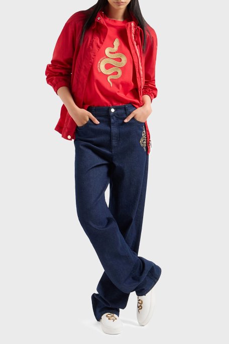 Emporio Armani Regular Fit Orta-Yüksek Bel Geniş Paça İşlemeli Jeans Kadın Kot Pantolon EW000736 AF12436 MB001 LACİVERT - Emporio Armani