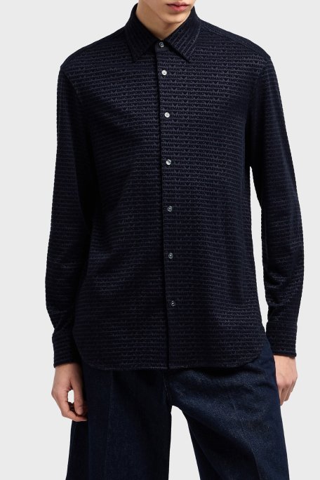 Emporio Armani Regular Fit Tümü Logolu Erkek Gömlek EM001537 AF10017 FB229 LACİVERT - Emporio Armani