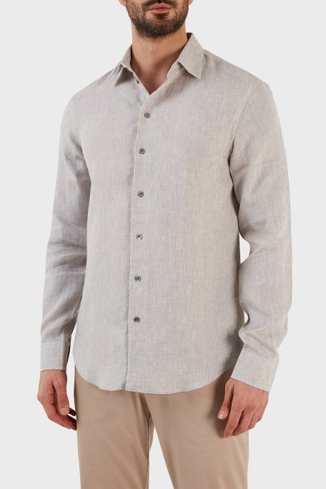Emporio Armani Regular Fit Uzun Kollu Keten Erkek Gömlek D41SM0 D10F9 600 AÇIK GRİ - Emporio Armani