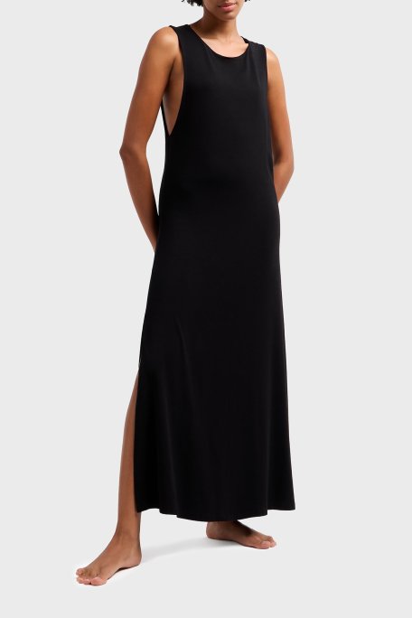 Emporio Armani Relaxed Fit Bisiklet Yaka Yırtmaçlı Midi Boy Bayan Plaj Elbisesi EW000784 AF12192 UC001 SİYAH - Emporio Armani