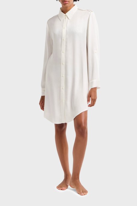 Emporio Armani Relaxed Fit Logolu Dantel Detaylı Kısa Bayan Gömlek Elbise EW000568 AF12188 U1131 BEYAZ - Emporio Armani
