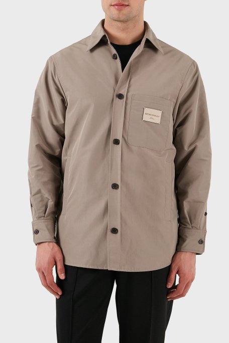 Emporio Armani Relaxed Fit Yama Cepli ve Logo Yamalı Erkek Gömlek Ceket EM001629 AF13770 U6107 VİZON - Emporio Armani
