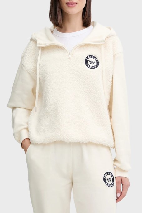 Emporio Armani Relaxed Fit Yarım Fermuarlı Kapüşonlu Logolu Bayan Sweat EW001937 AF15363 U1054 EKRU - Emporio Armani