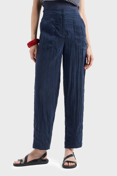 Emporio Armani Relaxed Fit Yüksek Bel Düz Paça Cupra Bayan Pantolon EW000654 AF12644 UB097 LACİVERT - Emporio Armani