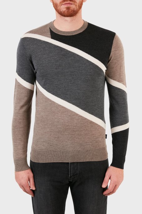 Emporio Armani Renk Bloklu % 100 Saf Yün Bisiklet Yaka Erkek Kazak 6K1MTD 1MXPZ F137 BEJ-GRİ - Emporio Armani