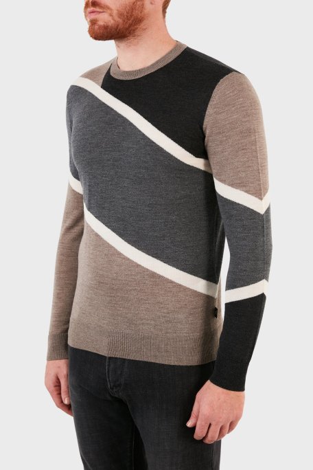 Emporio Armani Renk Bloklu % 100 Saf Yün Bisiklet Yaka Erkek Kazak 6K1MTD 1MXPZ F137 BEJ-GRİ - Emporio Armani (1)