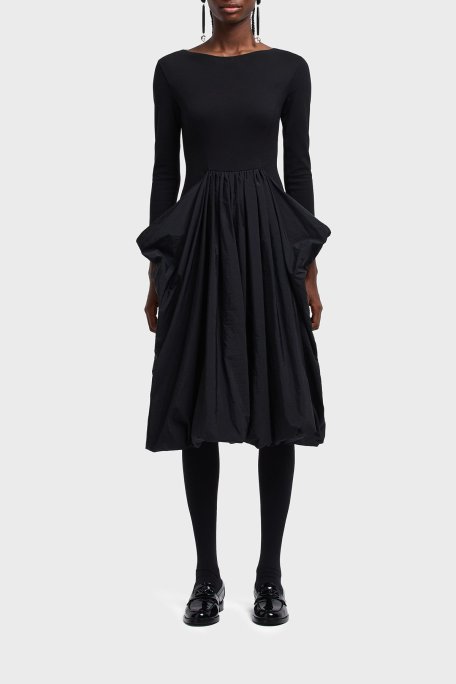 Emporio Armani Slim Fit Kayık Yaka Pileli Midi Boy Bayan Elbise EW002782 AF12303 UC001 SİYAH - Emporio Armani