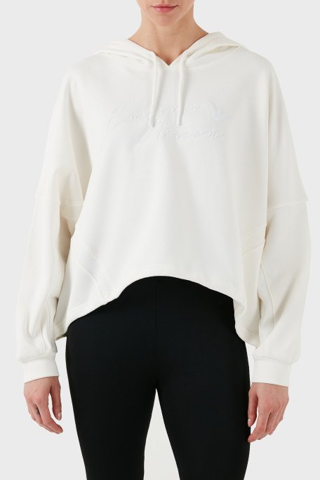 Emporio Armani Streç Pamuklu Boyfirend Fit Kapüşonlu Bayan Sweat 6D2M7F 2J49Z 0101 BEYAZ - Emporio Armani
