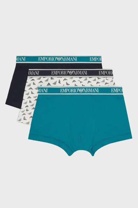 Emporio Armani Streç Pamuklu Logo Baskılı 3 Pack Erkek Boxer EM000370 AF10779 MB092 Siyah-Beyaz-Yeşil - Emporio Armani