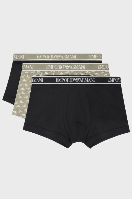 Emporio Armani Streç Pamuklu Logo Baskılı 3 Pack Erkek Boxer EM000370 AF10779 MC065 Haki-Siyah-Siyah - Emporio Armani