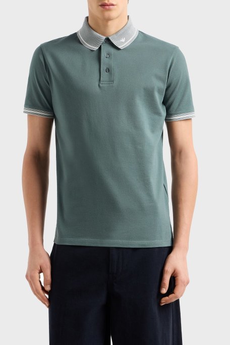 Emporio Armani Streç Pamuklu Regular Fit Düğmeli Polo Yaka Erkek Polo Yaka T Shirt EM000852 AF12955 F9046 HAKİ - Emporio Armani