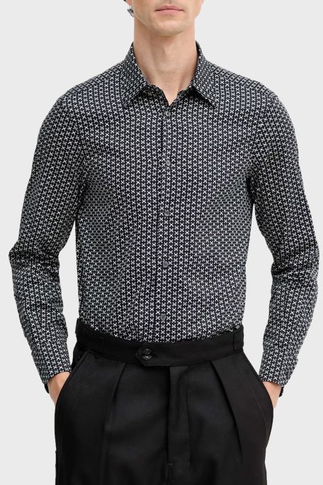 Emporio Armani Streç Pamuklu Regular Fit Klasik Yaka Desenli Erkek Gömlek EM001537 AF14130 FB323 LACİVERT-BEYAZ - Emporio Armani