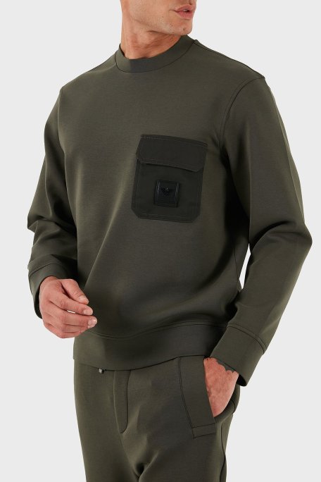 Emporio Armani Streç Pamuklu Regular Fit Tek Cepli Bisiklet Yaka Erkek Sweat EM002925 AF10013 U8120 HAKİ - Emporio Armani