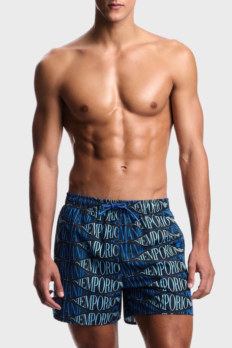 Emporio Armani Tamamı Logolu Bağlamalı Erkek Mayo Short EM000583 AF20442 FB335 SİYAH-SAKS - Emporio Armani