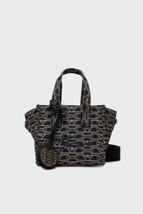 Emporio Armani Tamamı Logolu Çıkarılabilir Askılı Bayan Çanta EW000371 AF12993 FB237 EKRU-LACİVERT - Emporio Armani