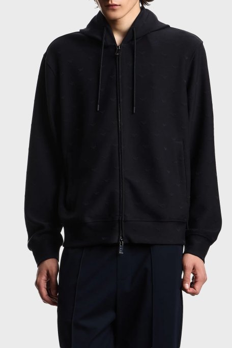 Emporio Armani Tamamı Logolu Regular Fit Kapüşonlu Fermuarlı Erkek Sweat EM004867 AF13700 FB469 LACİVERT - Emporio Armani