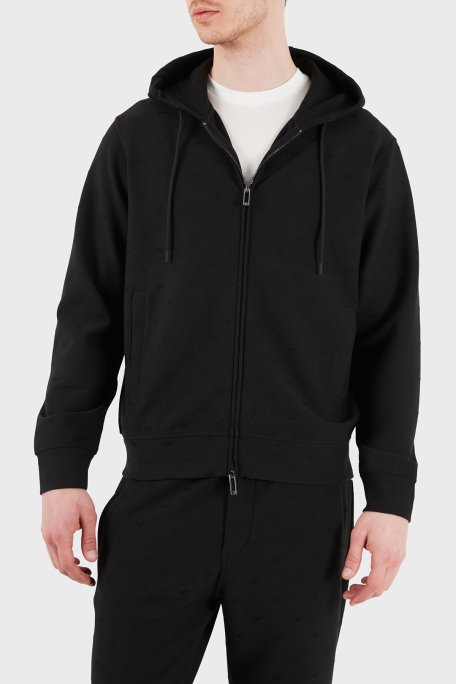 Emporio Armani Tamamı Logolu Regular Fit Kapüşonlu Fermuarlı Erkek Sweat EM004867 AF13700 FC322 SİYAH - Emporio Armani