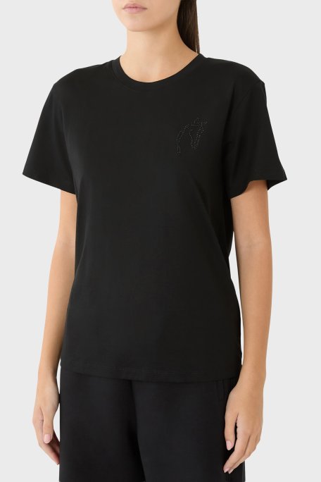 Emporio Armani Taş İşlemeli Pamuklu Jarse Slim Fit Bisiklet Yaka Kadın T Shirt EW003970 AF10003 UC001 SİYAH - Emporio Armani