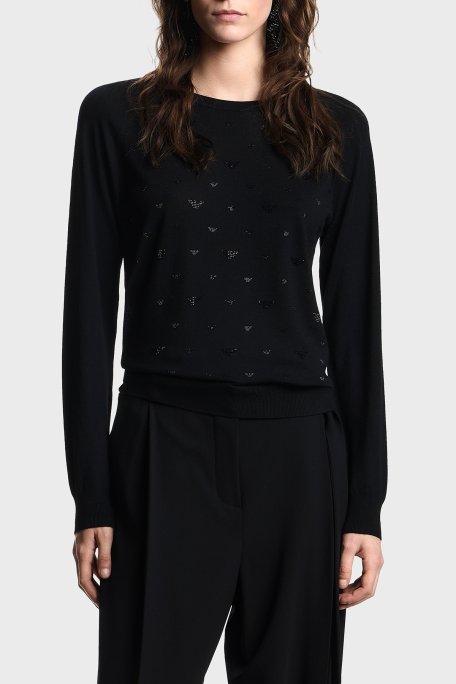 Emporio Armani Taşlı Logolu Yünlü Regular Fit Bisiklet Yaka Kadın Kazak EW001263 AF19176 FC012 SİYAH - Emporio Armani