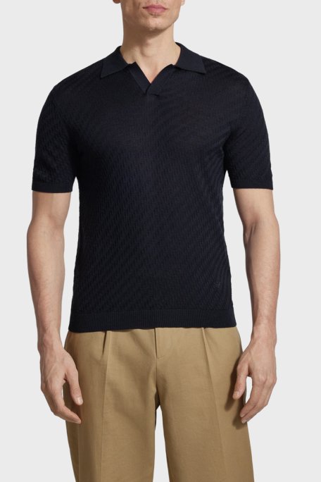 Emporio Armani Yün Karışımlı Regular Fit Polo Yaka Kısa Kollu Erkek Kazak EM004307 AF24573 UB109 LACİVERT - Emporio Armani