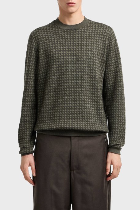 Emporio Armani Yünlü Jakarlı Logo Baskılı Regular Fit Bisiklet Yaka Erkek Kazak EM001989 AF14199 F8047 HAKİ - Emporio Armani