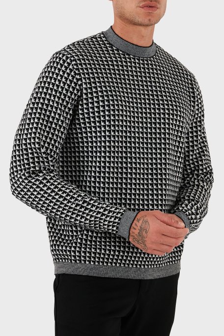 Emporio Armani Yünlü Jakarlı Logo Baskılı Regular Fit Bisiklet Yaka Erkek Kazak EM001989 AF14199 FC043 SİYAH-BEYAZ - Emporio Armani