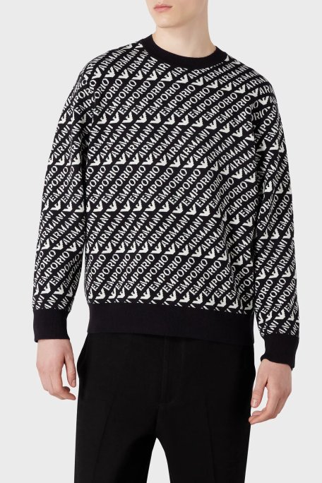 Emporio Armani Yünlü Logo Desenli Bisiklet Yaka Regular Fit Erkek Kazak 6R1MU2 1MMKZ F905 LACİVERT-BEYAZ - Emporio Armani