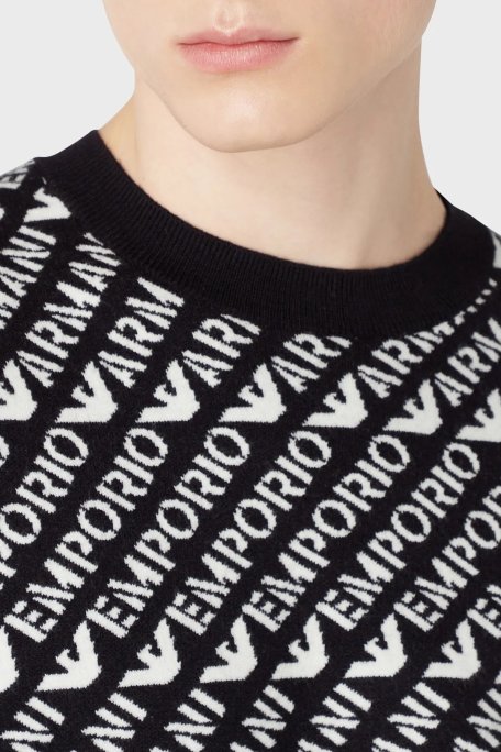 Emporio Armani Yünlü Logo Desenli Bisiklet Yaka Regular Fit Erkek Kazak 6R1MU2 1MMKZ F905 LACİVERT-BEYAZ - Emporio Armani (1)