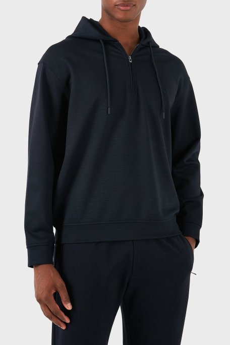 Emporio Armani Yünlü Logolu Regular Fit Yarım Fermuarlı Kapüşonlu Erkek Sweat 6D1MC9 1JHQZ 0920 LACİVERT - Emporio Armani