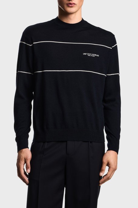 Emporio Armani Yünlü Şerit Detaylı Regular Fit Bisiklet Yaka Erkek Kazak EM002796 AF14199 MB173 LACİVERT - Emporio Armani