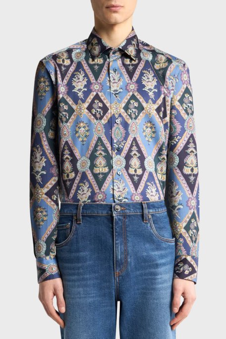 Etro Desenli % 100 Pamuk Regular Fit Kent Yaka Saten Erkek Gömlek MRIB0001 99SA5L4 X0883 LACİVERT - Etro