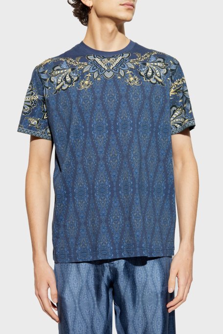 Etro Paisley Çiçekli % 100 Pamuk Regular Fit Bisiklet Yaka Erkek T Shirt MRMA0002 AK597 X0883 LACİVERT - Etro