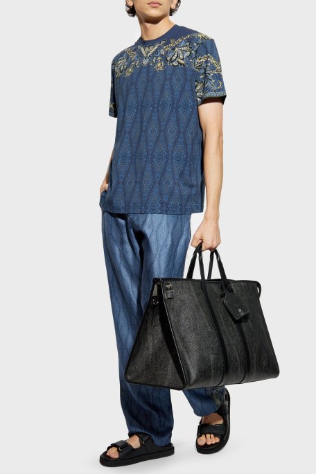 Etro Paisley Çiçekli % 100 Pamuk Regular Fit Bisiklet Yaka Erkek T Shirt MRMA0002 AK597 X0883 LACİVERT - Etro (1)