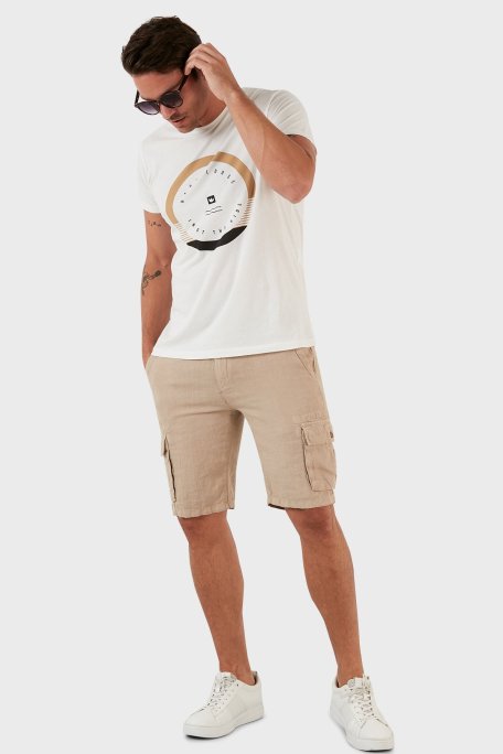 Exxe Belden Bağlamalı Cepli Regular Fit % 100 Keten Erkek Short 630JURIŞORT BEJ - Exxe