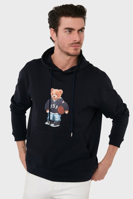 Exxe Pamuklu Baskılı Kanguru Cepli Kapüşonlu Erkek Sweat 6141003 LACİVERT - Exxe